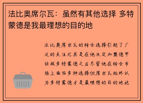 法比奥席尔瓦：虽然有其他选择 多特蒙德是我最理想的目的地